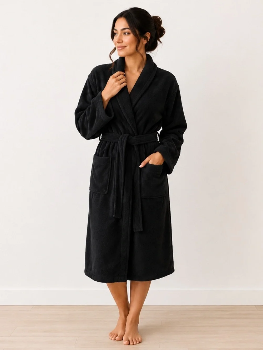 Black Bathrobe 100% Cotton Unisex Soft Spa Robe S/M Turkish Towel Belted Pockets